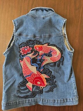Denim Vest with Red Koi Embroidery - Stylish Fish Motif